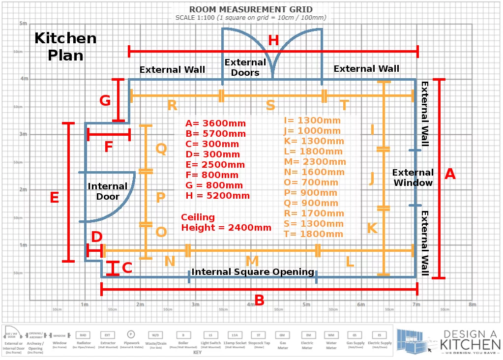 how-to-measure-a-room - Kitchen Outline with all measurements