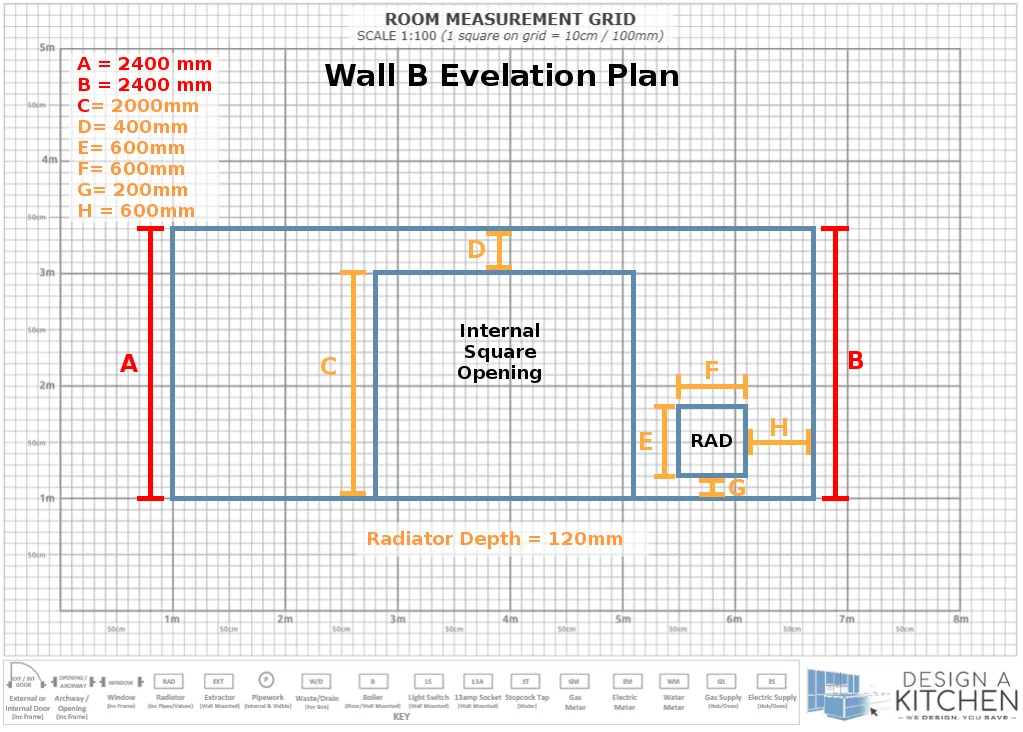 how-to-measure-a-room - Kitchen Wall B with all measurements